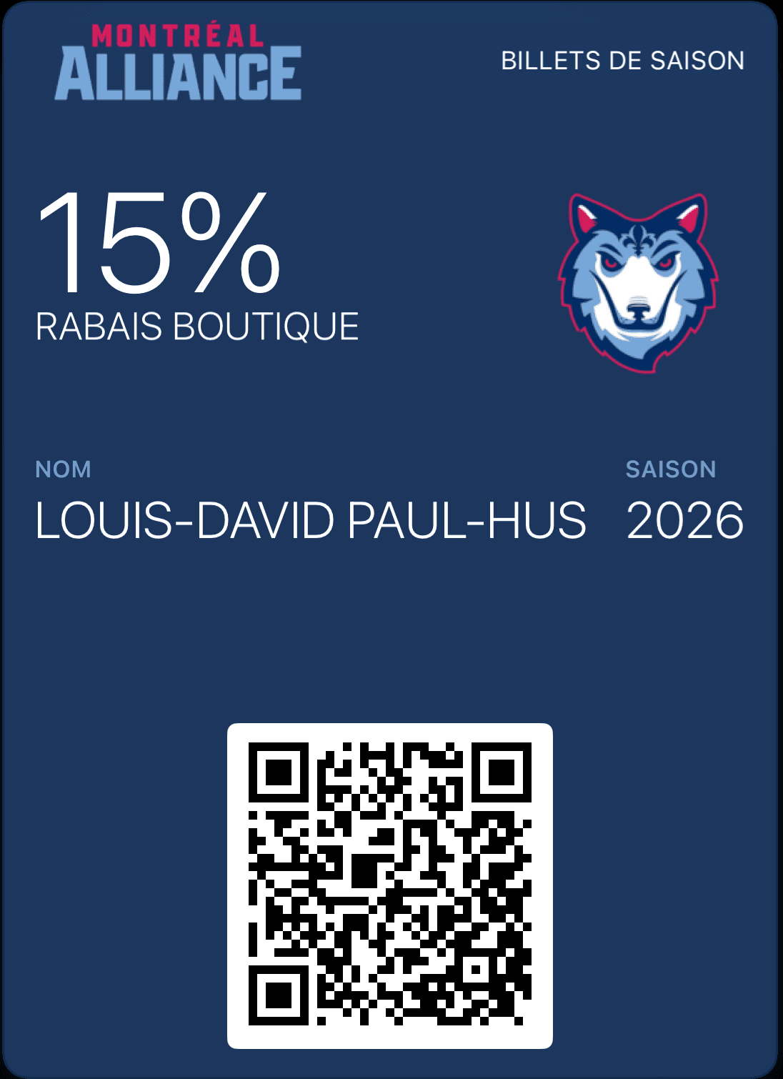 Montréal Alliance Apple Wallet pass — season-ticket holder card